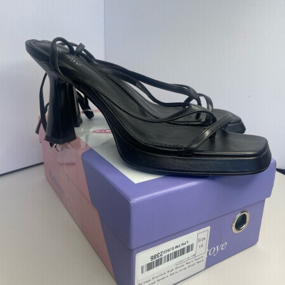 Reitoye Black Platform High‎ Chunky Heels Square Toe Strappy Sandals Size 10